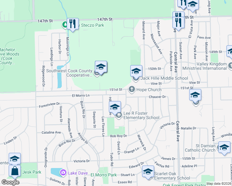 map of restaurants, bars, coffee shops, grocery stores, and more near 5924 El Morro Lane in Oak Forest