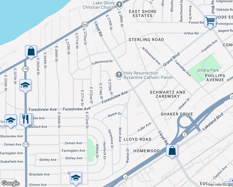 map of restaurants, bars, coffee shops, grocery stores, and more near 27511 Forestview Avenue in Euclid