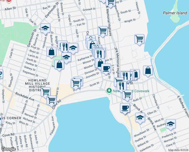 map of restaurants, bars, coffee shops, grocery stores, and more near 14 Jouvette Street in New Bedford