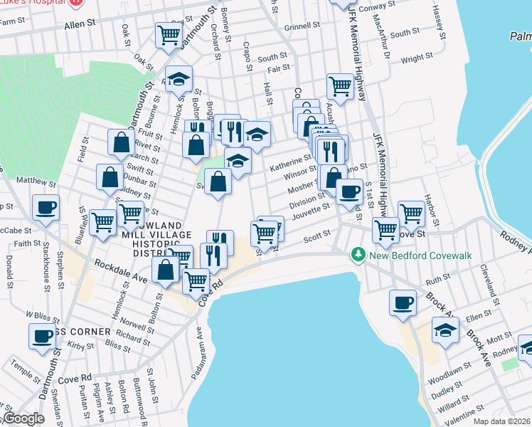 map of restaurants, bars, coffee shops, grocery stores, and more near 290 Bonney Street in New Bedford