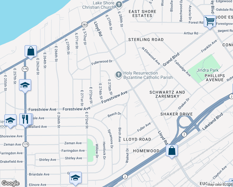 map of restaurants, bars, coffee shops, grocery stores, and more near 27511 Forestview Avenue in Euclid