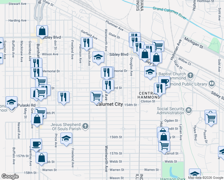 map of restaurants, bars, coffee shops, grocery stores, and more near 631 Wentworth Avenue in Calumet City