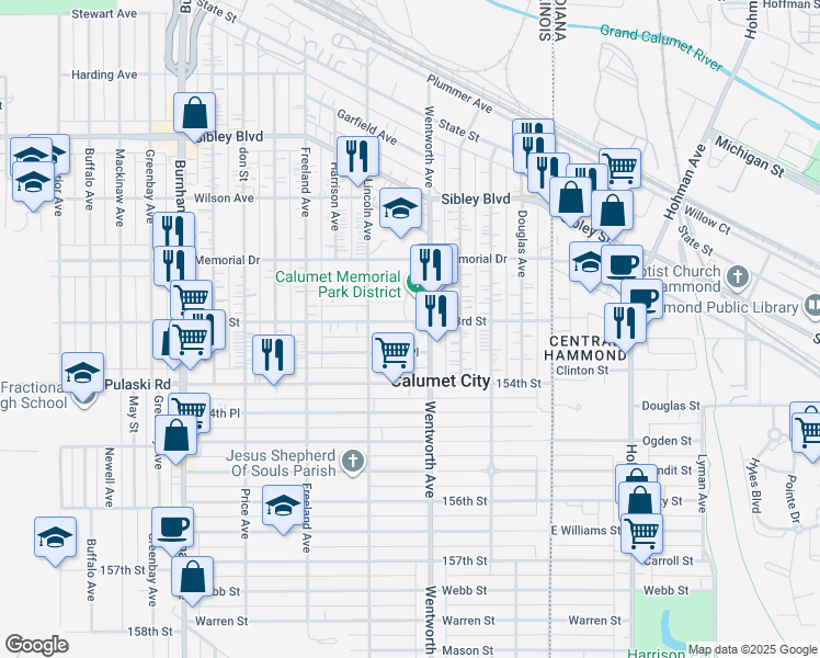 map of restaurants, bars, coffee shops, grocery stores, and more near 626 Wentworth Avenue in Calumet City