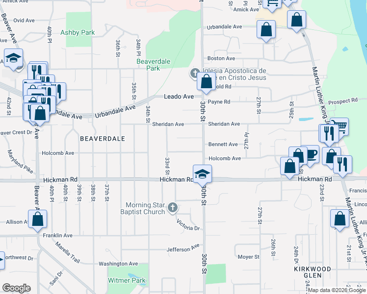 map of restaurants, bars, coffee shops, grocery stores, and more near 3100 Mann Avenue in Des Moines
