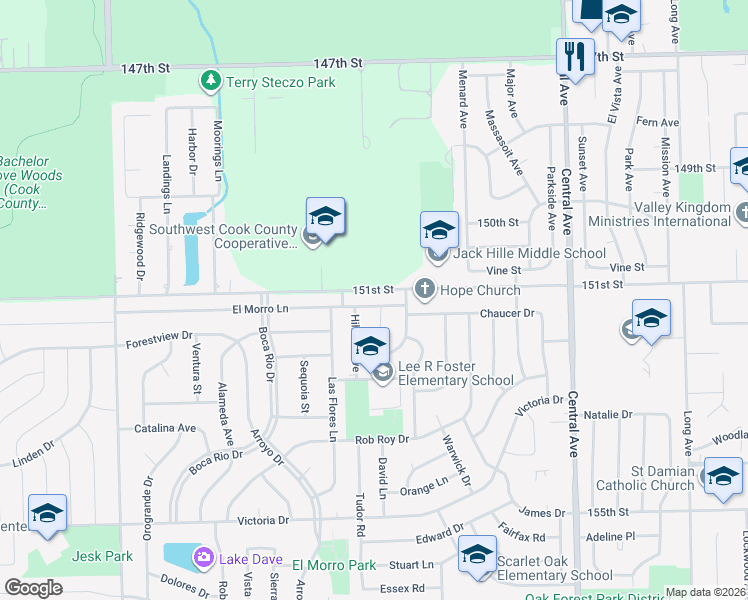 map of restaurants, bars, coffee shops, grocery stores, and more near 5924 El Morro Lane in Oak Forest