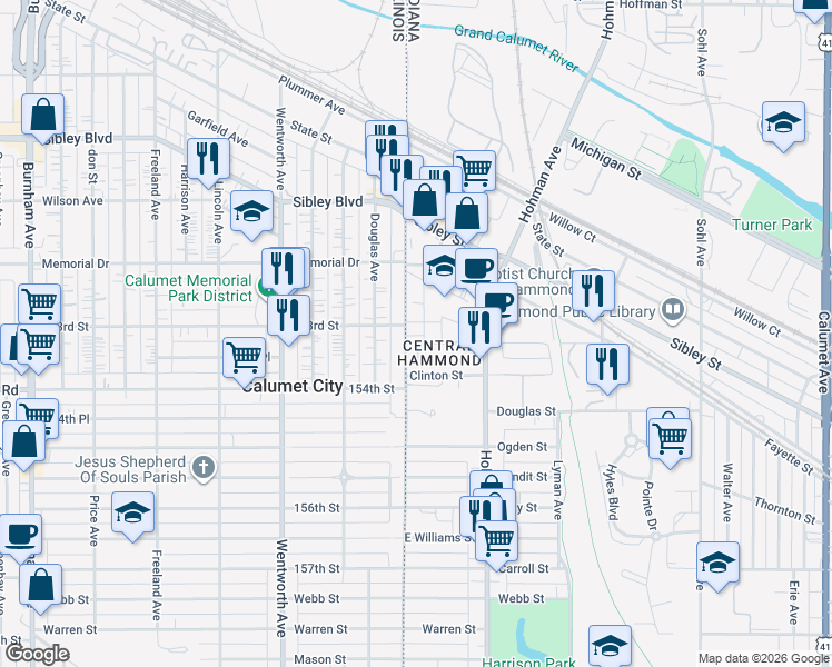 map of restaurants, bars, coffee shops, grocery stores, and more near 5243 State Line Avenue in Hammond