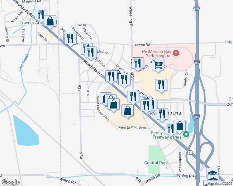 map of restaurants, bars, coffee shops, grocery stores, and more near 2550 Woodville Road in Northwood