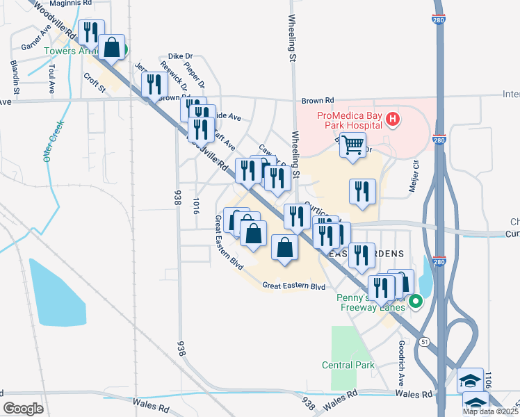 map of restaurants, bars, coffee shops, grocery stores, and more near 2550 Woodville Road in Northwood