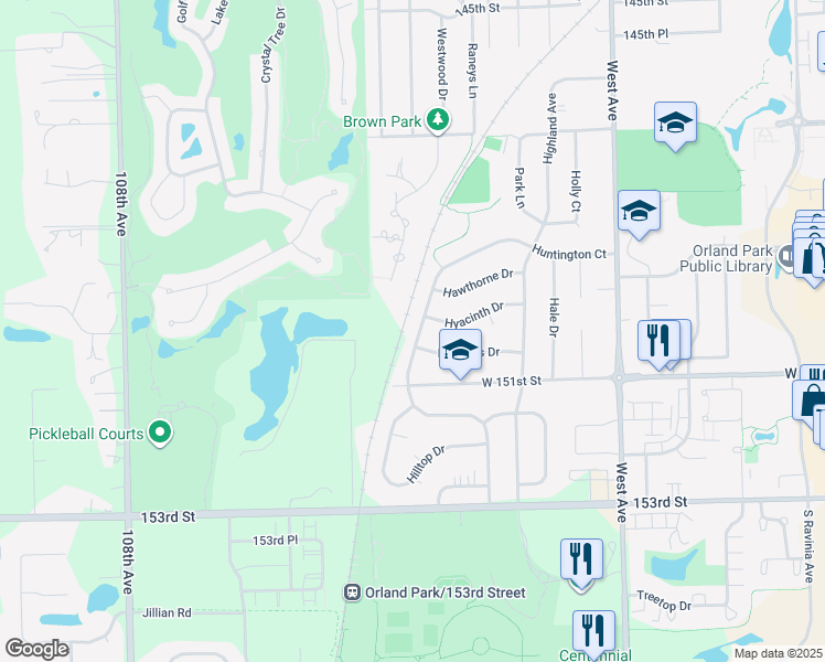 map of restaurants, bars, coffee shops, grocery stores, and more near 15002 Huntington Court in Orland Park