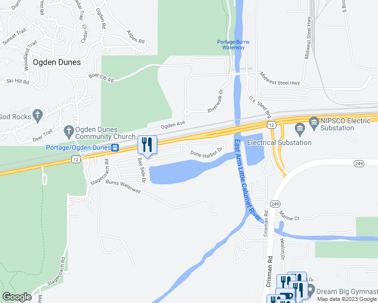 map of restaurants, bars, coffee shops, grocery stores, and more near 6069 Dune Harbor Drive in Portage