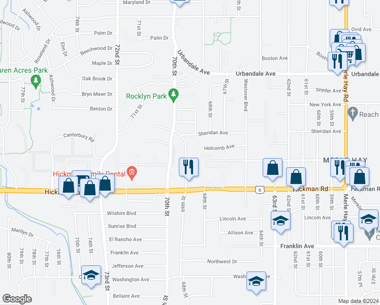 map of restaurants, bars, coffee shops, grocery stores, and more near 2501 Rocklyn Drive in Urbandale