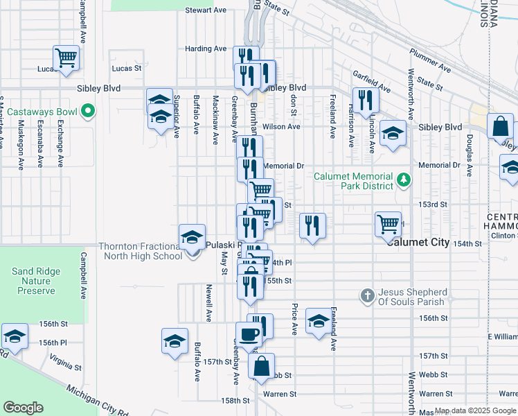 map of restaurants, bars, coffee shops, grocery stores, and more near 620 153rd Street in Calumet City