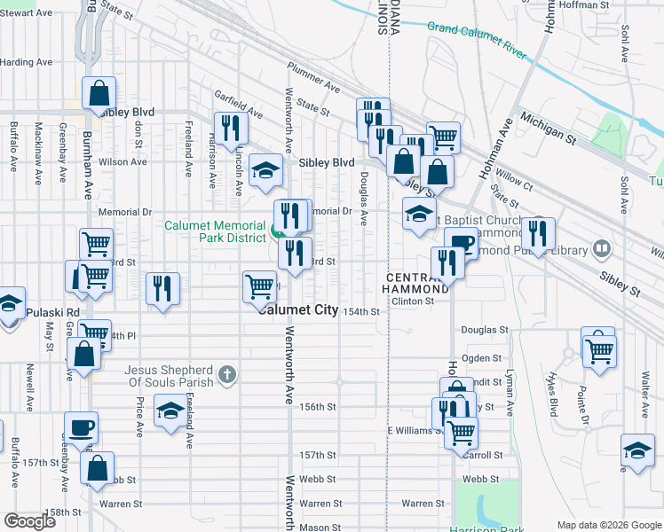 map of restaurants, bars, coffee shops, grocery stores, and more near 634 Forsythe Avenue in Calumet City