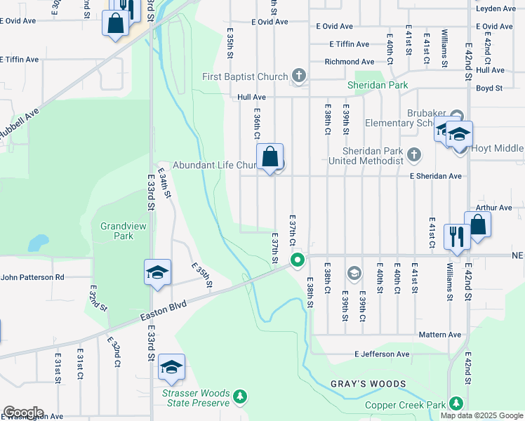map of restaurants, bars, coffee shops, grocery stores, and more near 2419 East 36th Court in Des Moines