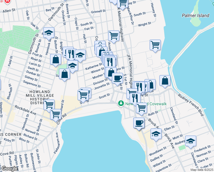 map of restaurants, bars, coffee shops, grocery stores, and more near 14 Jouvette Street in New Bedford