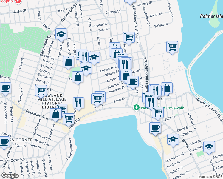 map of restaurants, bars, coffee shops, grocery stores, and more near 152 Division Street in New Bedford