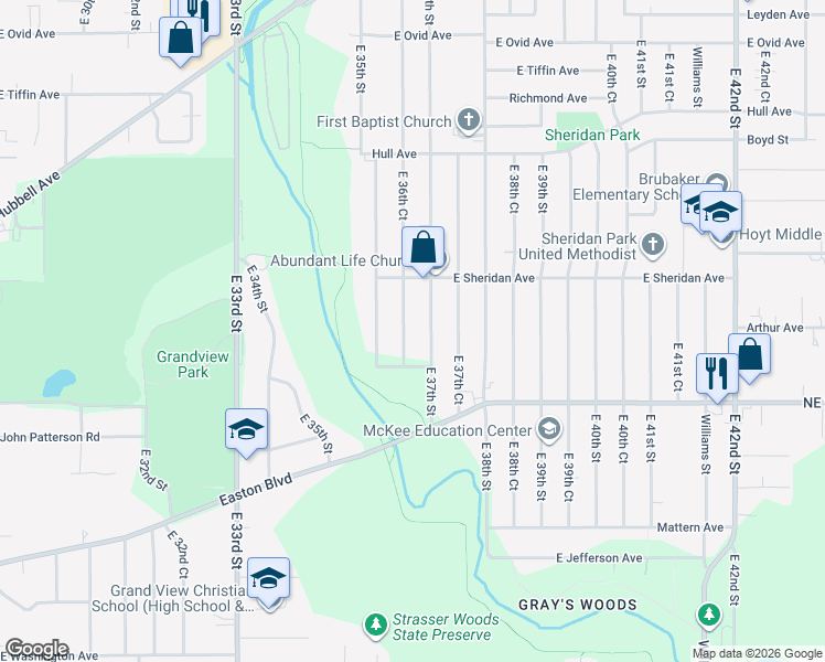 map of restaurants, bars, coffee shops, grocery stores, and more near 2419 East 36th Court in Des Moines