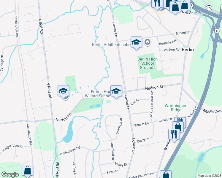 map of restaurants, bars, coffee shops, grocery stores, and more near 1039 Norton Road in Berlin