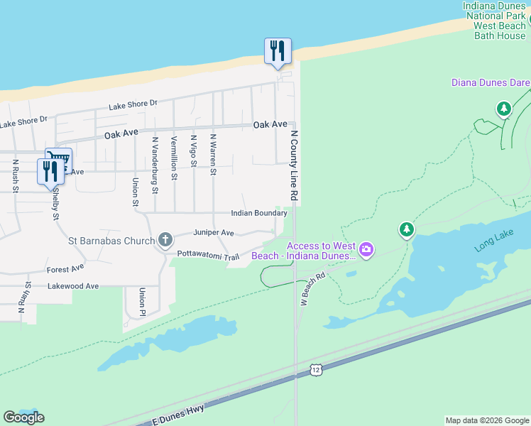 map of restaurants, bars, coffee shops, grocery stores, and more near 9400 Indian Boundary in Gary