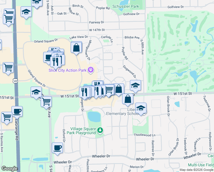map of restaurants, bars, coffee shops, grocery stores, and more near 9113 Sandpiper Court in Orland Park
