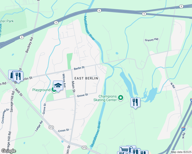 map of restaurants, bars, coffee shops, grocery stores, and more near 44 Mattabassett Street in Berlin