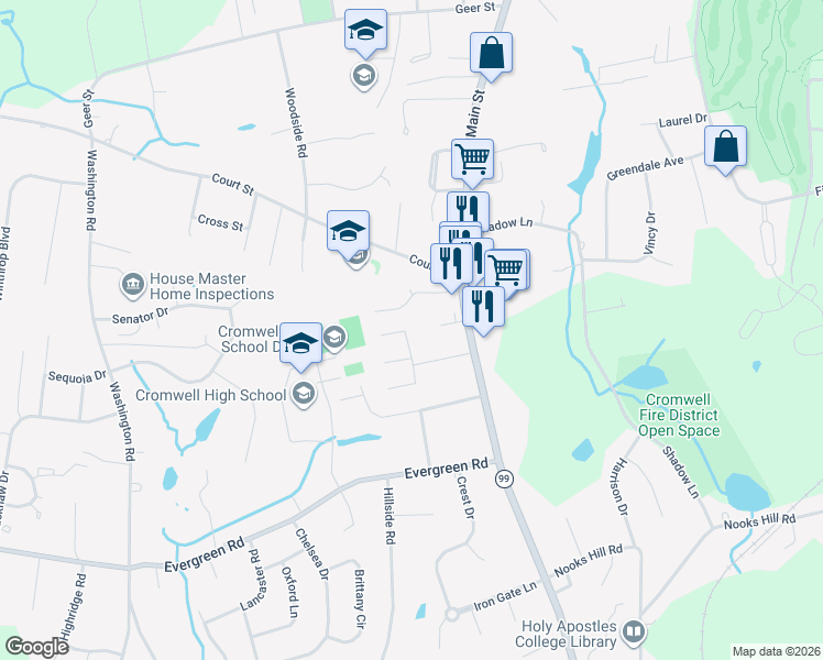 map of restaurants, bars, coffee shops, grocery stores, and more near 18 Fairview Heights in Cromwell