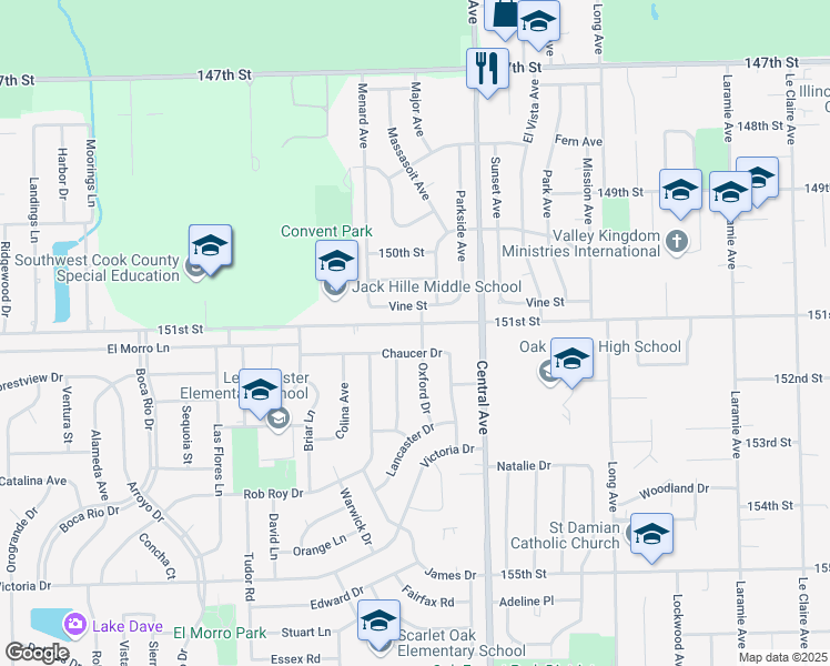 map of restaurants, bars, coffee shops, grocery stores, and more near 15100 Oxford Drive in Oak Forest