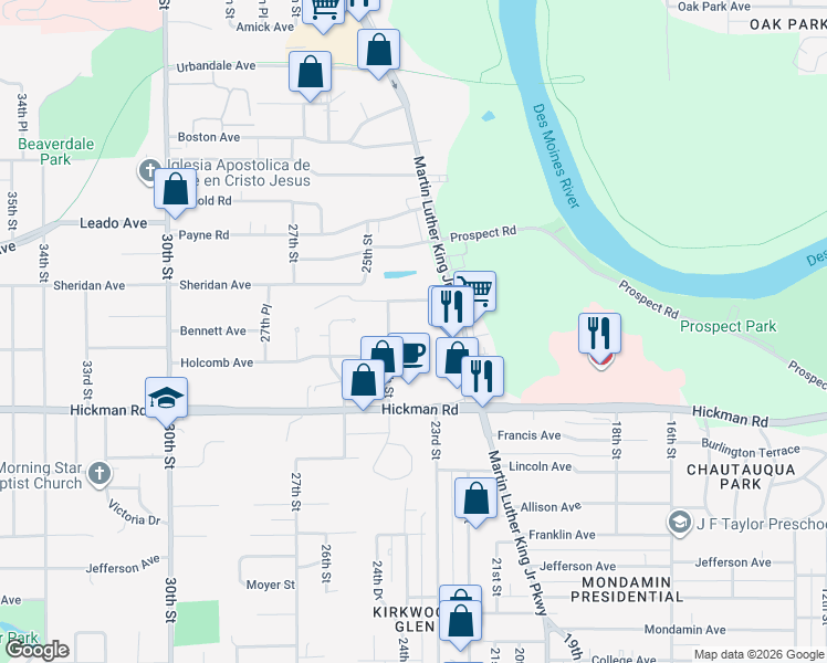 map of restaurants, bars, coffee shops, grocery stores, and more near 2601 24th Street in Des Moines