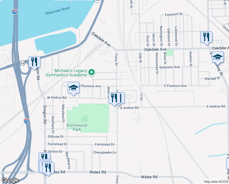 map of restaurants, bars, coffee shops, grocery stores, and more near 1907 Ware Street in Northwood