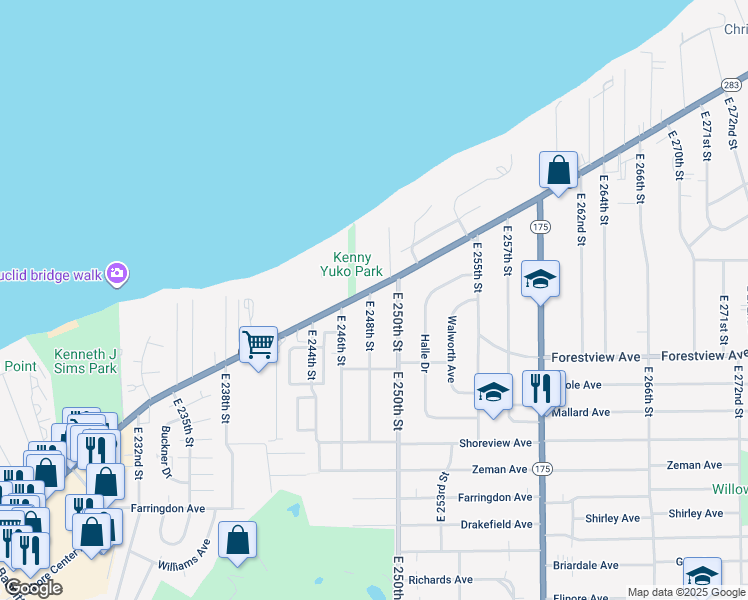 map of restaurants, bars, coffee shops, grocery stores, and more near 24830 Lakeshore Boulevard in Euclid