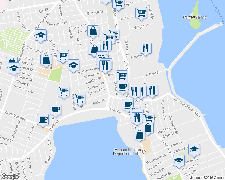 map of restaurants, bars, coffee shops, grocery stores, and more near 587 South 2nd Street in New Bedford