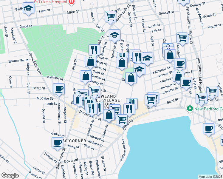 map of restaurants, bars, coffee shops, grocery stores, and more near 17 Sidney Street in New Bedford