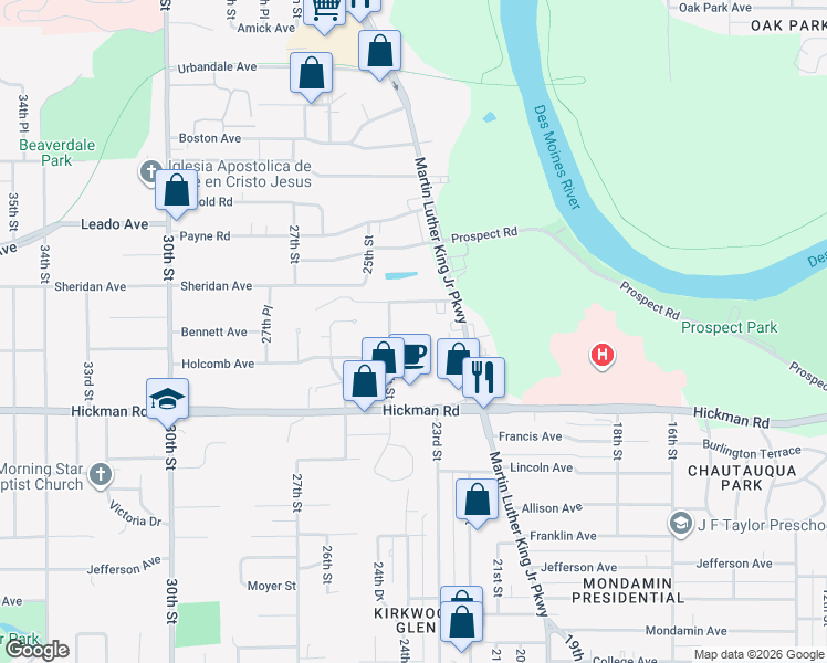 map of restaurants, bars, coffee shops, grocery stores, and more near 2601 24th Street in Des Moines