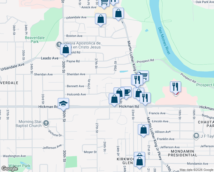 map of restaurants, bars, coffee shops, grocery stores, and more near 2522 26th Street in Des Moines