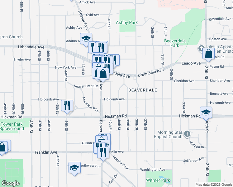 map of restaurants, bars, coffee shops, grocery stores, and more near 2521 40th Street in Des Moines