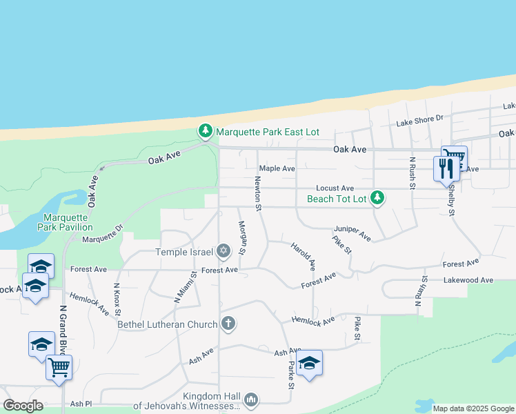 map of restaurants, bars, coffee shops, grocery stores, and more near 801 Newton Street in Gary