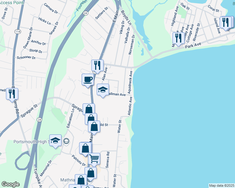 map of restaurants, bars, coffee shops, grocery stores, and more near Tallman Avenue in Portsmouth