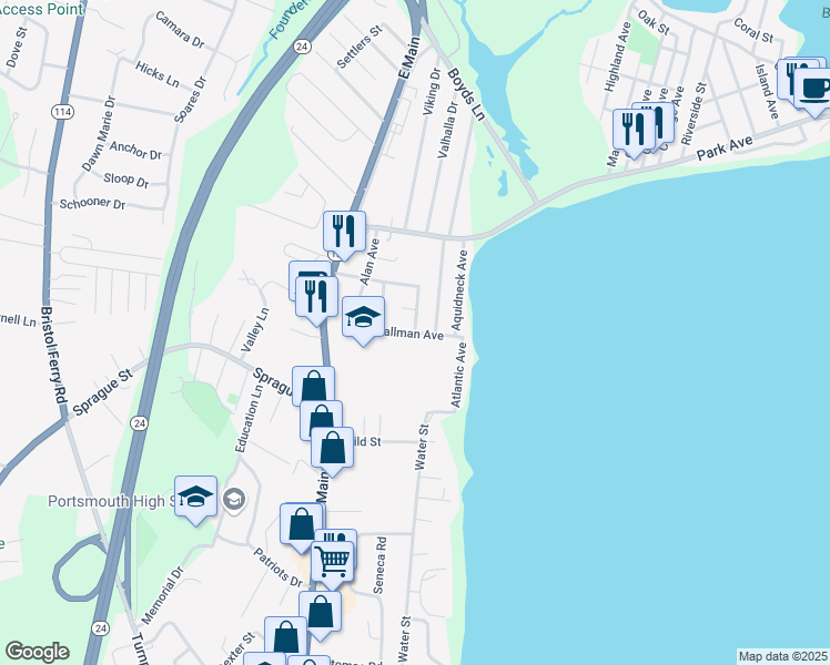 map of restaurants, bars, coffee shops, grocery stores, and more near Tallman Avenue in Portsmouth