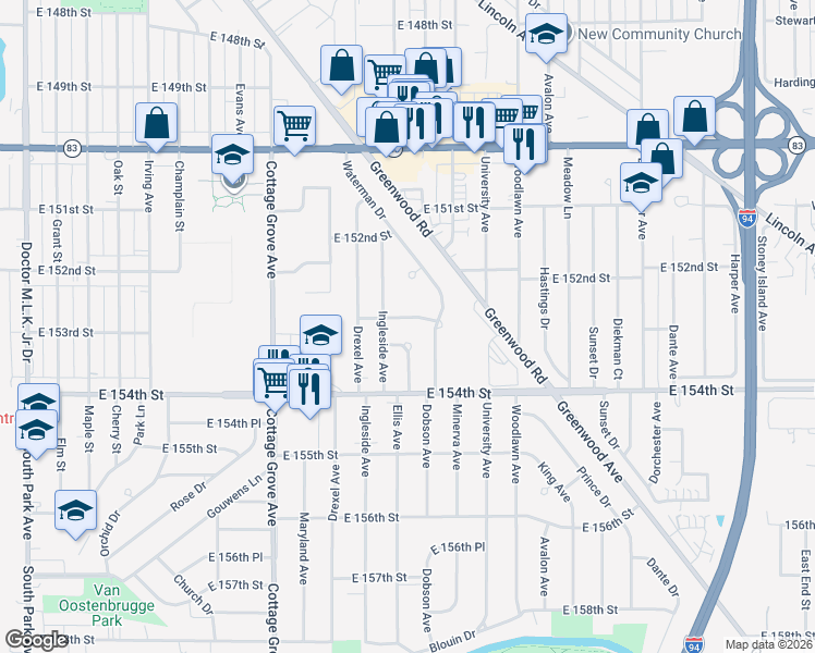 map of restaurants, bars, coffee shops, grocery stores, and more near 1013 East 153rd Street in South Holland
