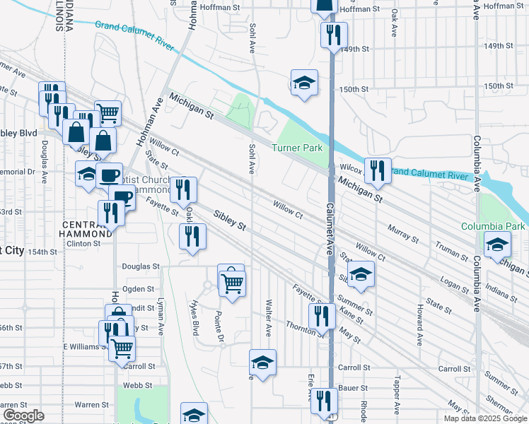 map of restaurants, bars, coffee shops, grocery stores, and more near 615 State Street in Hammond