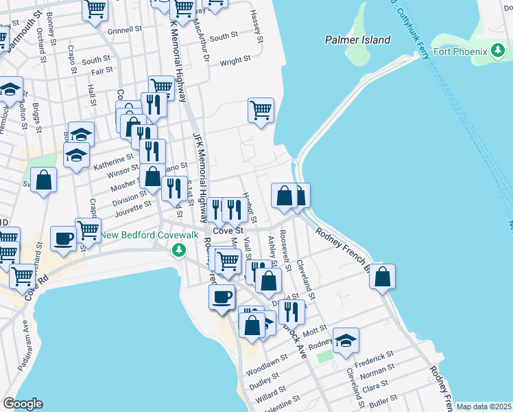 map of restaurants, bars, coffee shops, grocery stores, and more near 1-99 Harbor Street in New Bedford