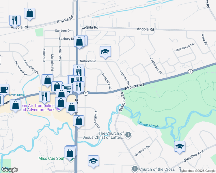 map of restaurants, bars, coffee shops, grocery stores, and more near 5001 Geer Lane in Toledo