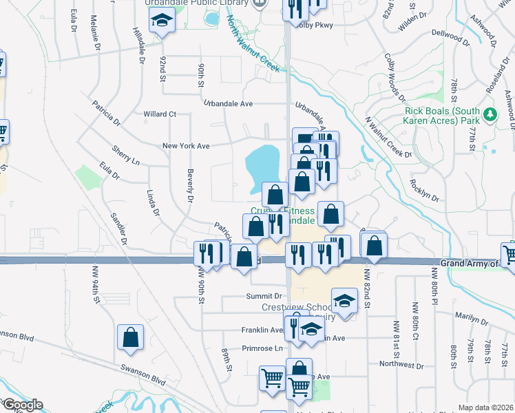 map of restaurants, bars, coffee shops, grocery stores, and more near 8700 Carole Circle in Urbandale