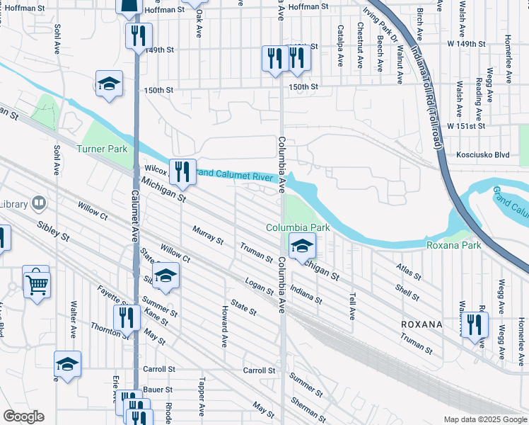 map of restaurants, bars, coffee shops, grocery stores, and more near 1146 East Roosevelt Street in Hammond