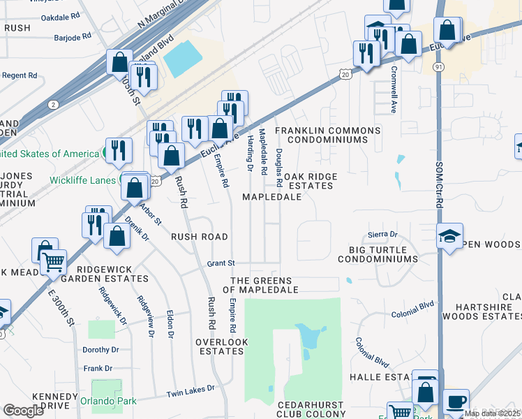 map of restaurants, bars, coffee shops, grocery stores, and more near 1634 Mapledale Road in Wickliffe