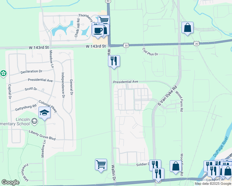 map of restaurants, bars, coffee shops, grocery stores, and more near 14508 Thomas Jefferson Drive in Plainfield