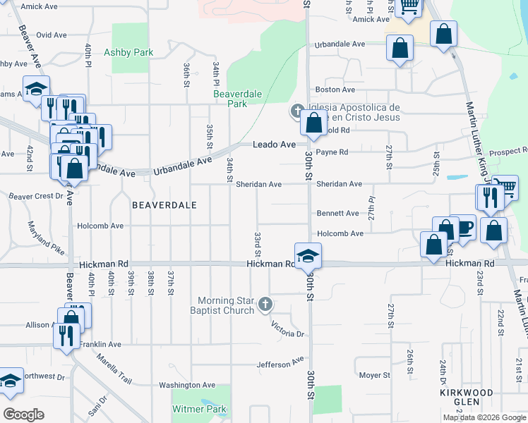map of restaurants, bars, coffee shops, grocery stores, and more near 2517 33rd Street in Des Moines
