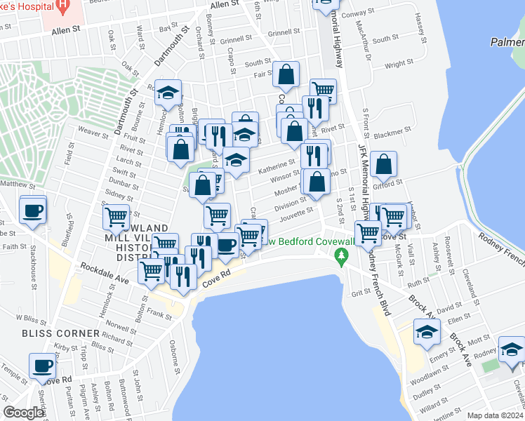 map of restaurants, bars, coffee shops, grocery stores, and more near 195 Division Street in New Bedford