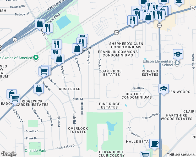 map of restaurants, bars, coffee shops, grocery stores, and more near 1644 Douglas Road in Wickliffe