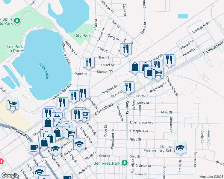 map of restaurants, bars, coffee shops, grocery stores, and more near 406 Brighton Street in La Porte